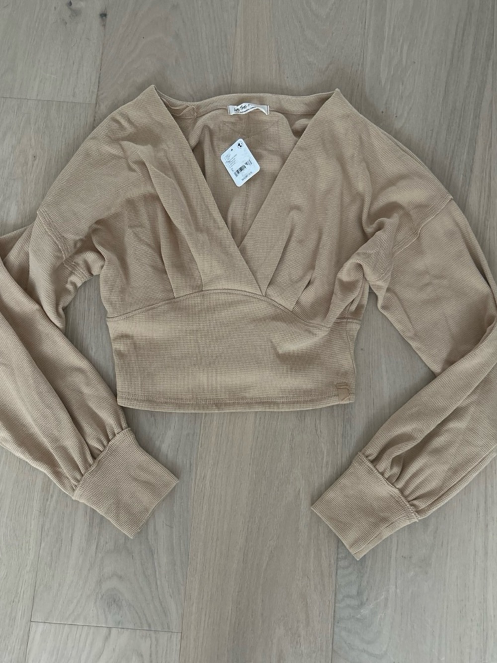 We The Free Beige Ribbed V-Neck Cropped Top